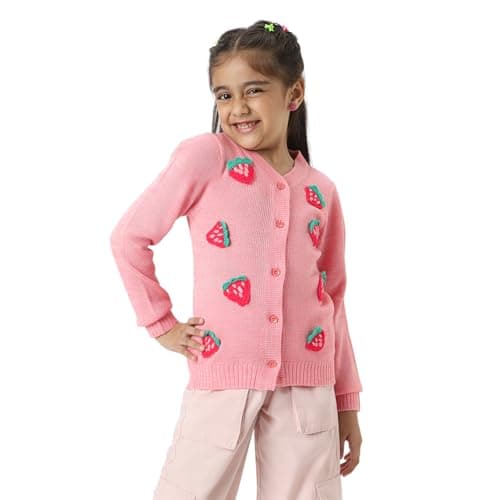 Nautinati Girls Peach Strawberries Embroidered Full Sleeves Acrylic Cardigan Sweater