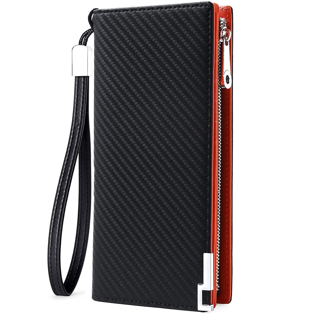 Huztencor Long Wallet, Leather Long Wallets for Men RFID Blocking Mens Checkbook Cover Wallet Bifold Slim Card Passport Holder Carbon Fiber Black and Orange