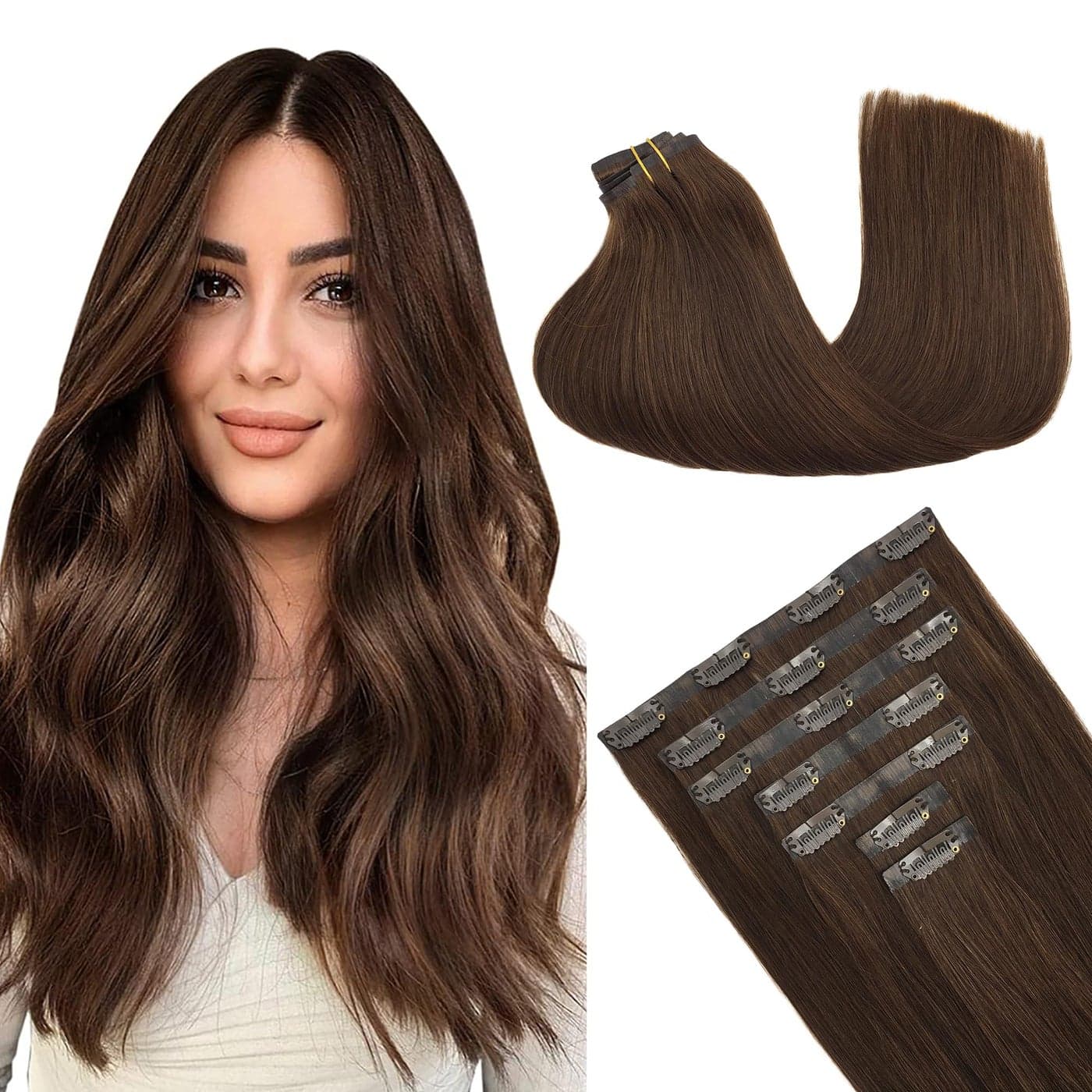 GOO GOO Clip in Hair Extensions Real Human Hair Remy Human Hair Extensions Clip ins for Women Natural Human Hair 22inch 150g 7Pcs 4A Chocolate Brown