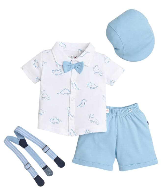 BUMZEE Boys Cotton Shirt & Short Set With Bow Suspender With Cap White & Sky Blue - 2-3 Years