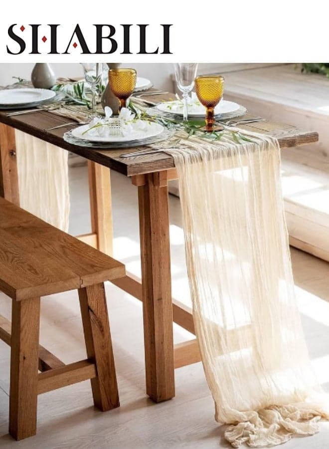 90*400cm Polyester Table Runner, Off White Wedding Tablecloth, Bohemian Gauze Tablecloth, Rustic Transparent Table Decoration for Romantic Bridal Shower, Baby Shower, Birthday Party