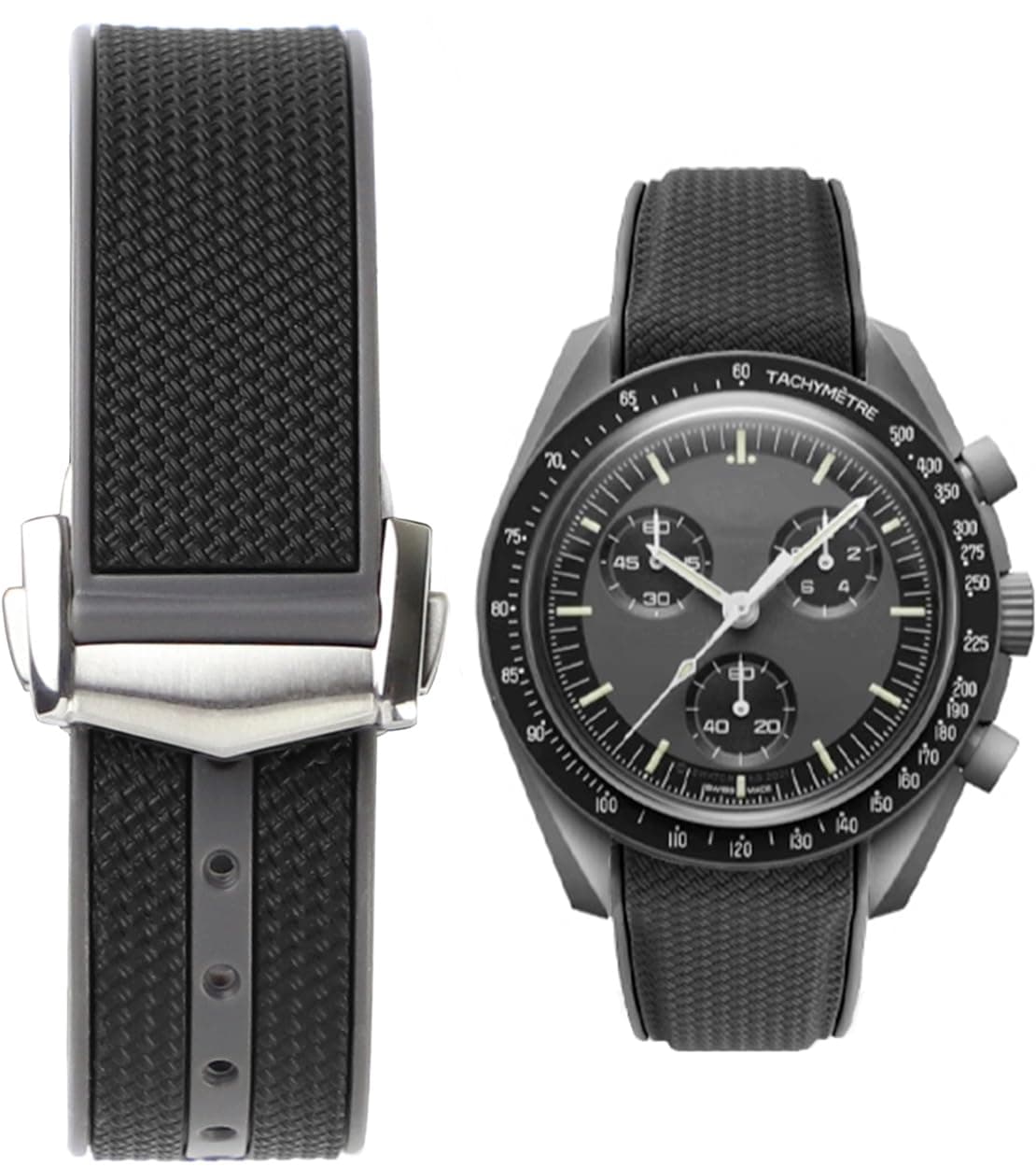 20mm Curved End Rubber Watch Band for Omega X Swatch,Omega Speedmaster moonwatch Folding Buckle Watch Strap Replacement Watchband No Gap Deployment Buckle Men Women Dustproof Washable (Black gray, 20mm)