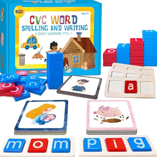 154 PCS Wooden CVC Word Spelling Game Short Vowel Spelling Flashcards Sight Words Flash Cards Montessori Early Educational Toys for Preschool Kindergarten 5 Dry Erase Marker Included