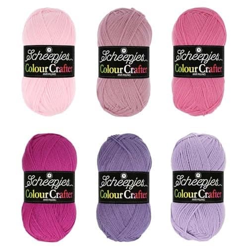 Scheepjes Colour Crafter Tulip Fields Yarn Pack, 6 x 1.76 oz (50 g) skeins, Pink and Purple