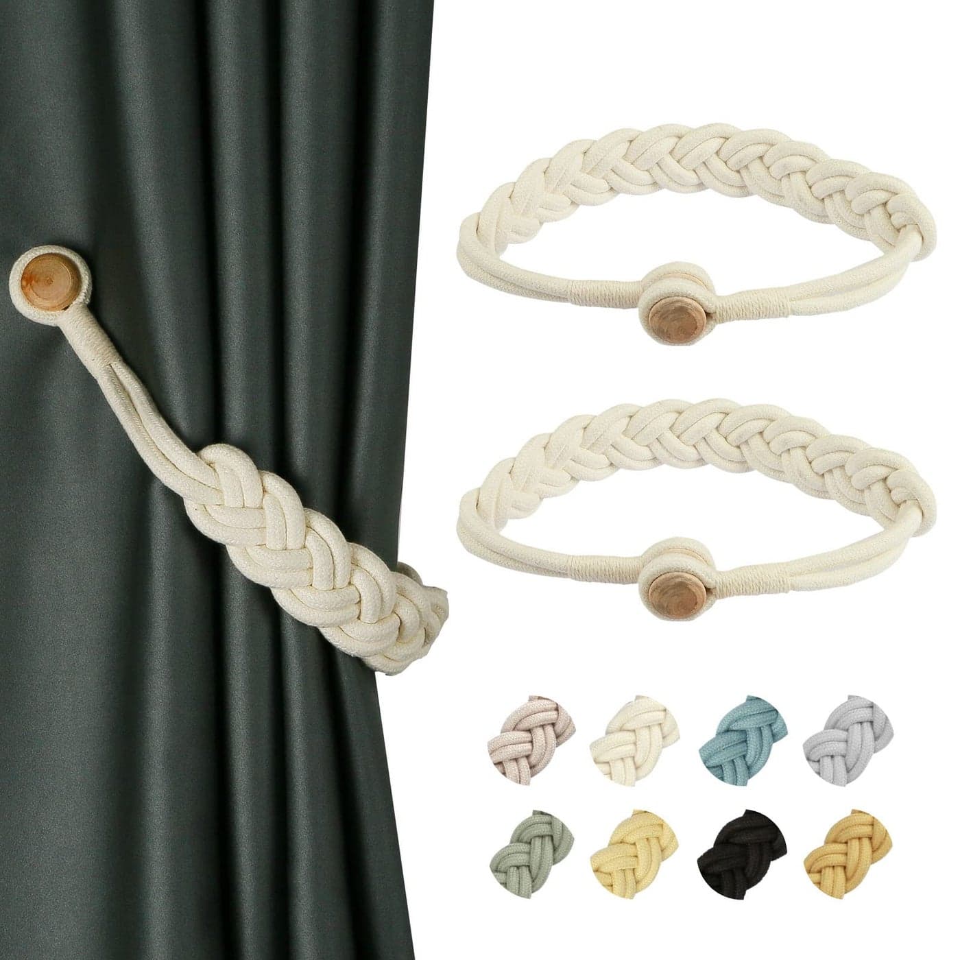 BEL AVENIR Curtain Tiebacks Magnetic Woven Curtain Holdback Drapery TieBack Ivory Braid2 Pack