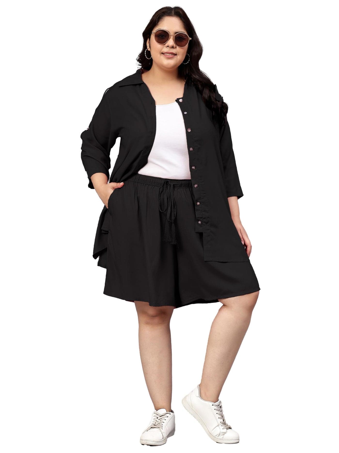 Indietoga Women's Plus Size Longline Shirt and Shorts Co-Ords Set (P10001544_Black Solid_5XL)