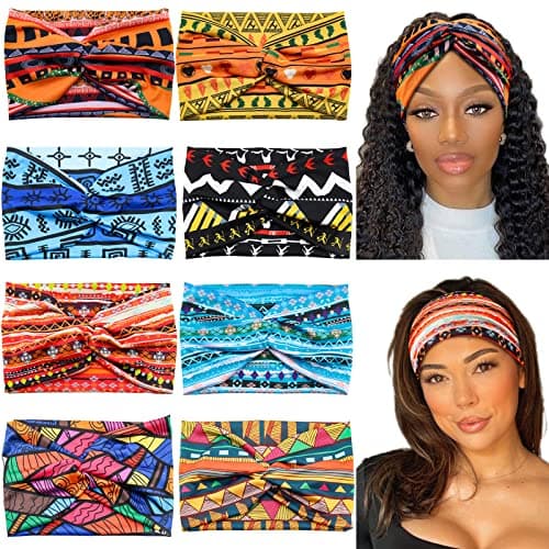 Carede Wide African Headbands for Women Boho Twist Head Bands Elastic Turban Headwraps for Lady Yoga Sports Workout Stretchy Hairband,Pack of 8