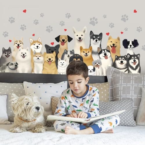 SUPERDANT Dogs Wall Sticker Cartoon Puppy Wall Decals Animals Paw Print Peel and Stick Large Size Vinyl Art Decal Home Decor for Kids Room Livingroom Bedroom Nursery Decoration Dog Lovers Gifts