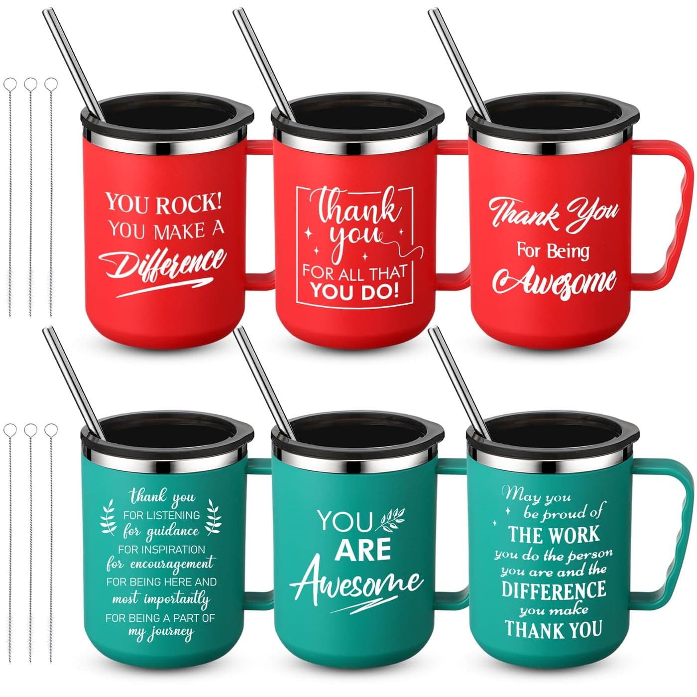 Sumind 6 Pcs Christmas Employee Appreciation Cups Thank You Coffee Mugs 17 oz Inspirational Stainless Steel Cups with Handle Lid Straw for Coworker Staff Team