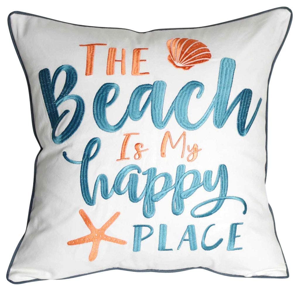 DECOPOW Embroidered The Beach is My Happy Place Throw Pillow CoverSquare 18 inches Decorative Canvas Pillow Cover with The Beach is My Happy Place PatternCover Only