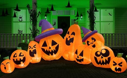 Joiedomi 125 FT Halloween Inflatable Pumpkin Outdoor Decorations Blow Up Yard Decorations with Witch Hat 9 Pcs Blow Up Pumpkin Inflatable with Builtin LEDs for Halloween Decor