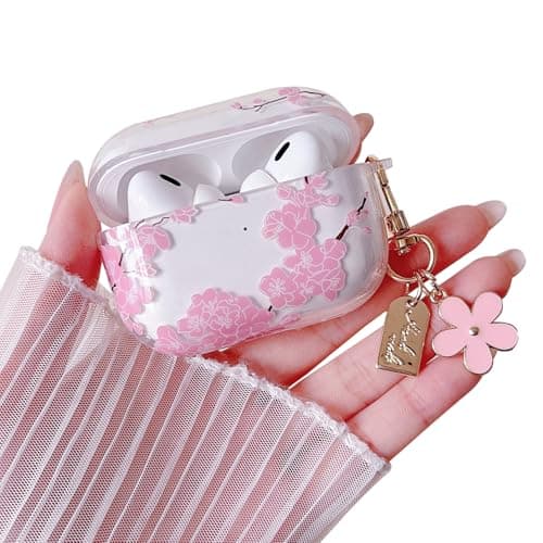 MINSCOSE for AirPods 4 Clear Case,Cute Cherry Blossom Pattern Aesthetics Design with Girly Floral Keychain,Soft TPU Protective Cover for AirPods 4-Pink