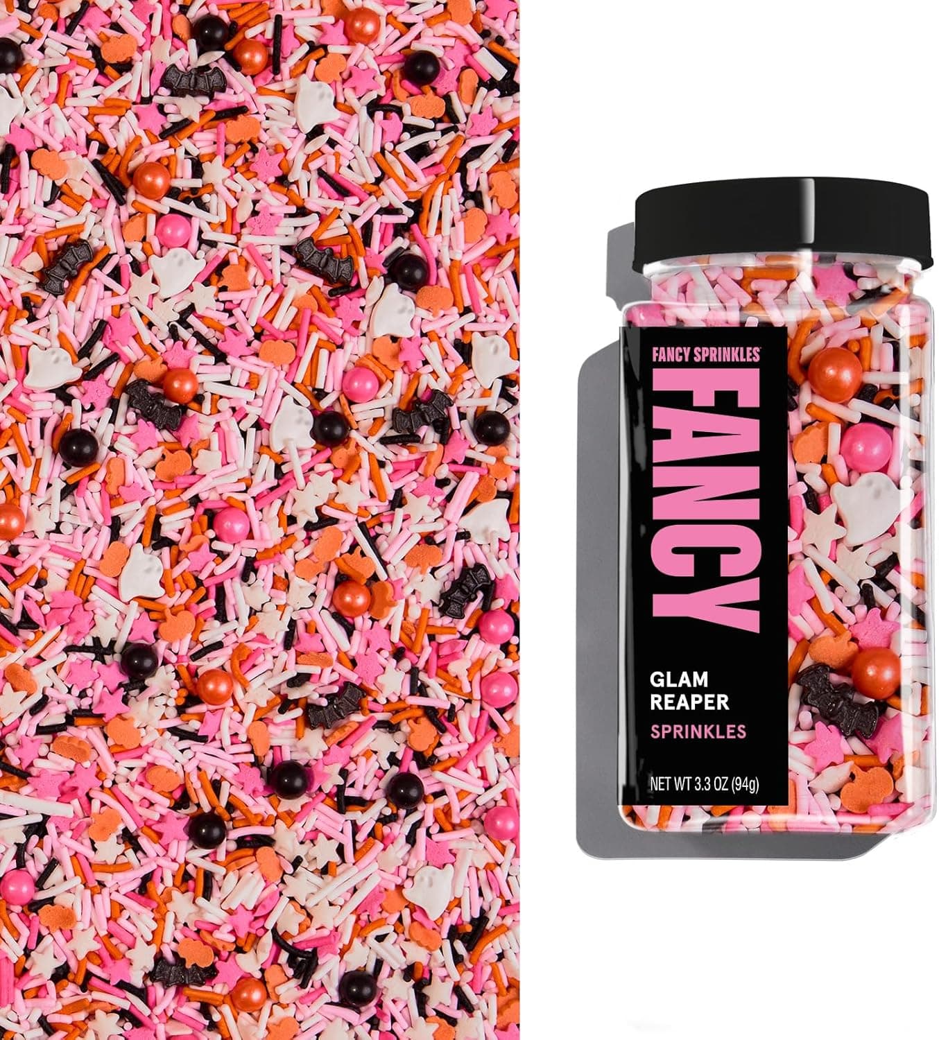 Fancy Sprinkles Glam Reaper Halloween Sprinkles - Pink, Orange, Black, and White Crunchy Jimmies with Candy Pearls, Bats, and Pumpkins (3.3 oz)