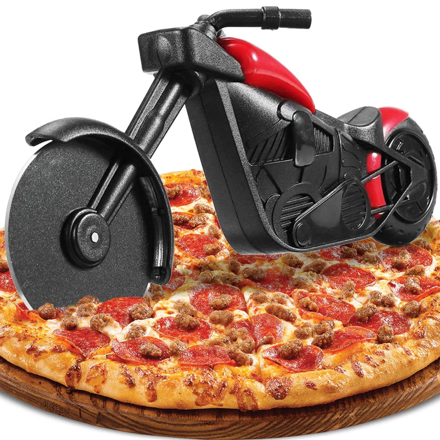 Motorbike Pizza Cutter Novelty Pizza Cutter Motorcycle Pizza Wheel Slicer Roller Stainless Steel Pizza Knife Super Sharp Blade with NonStick Coating Kickstand Kitchen Gadgets Creative Gift Red