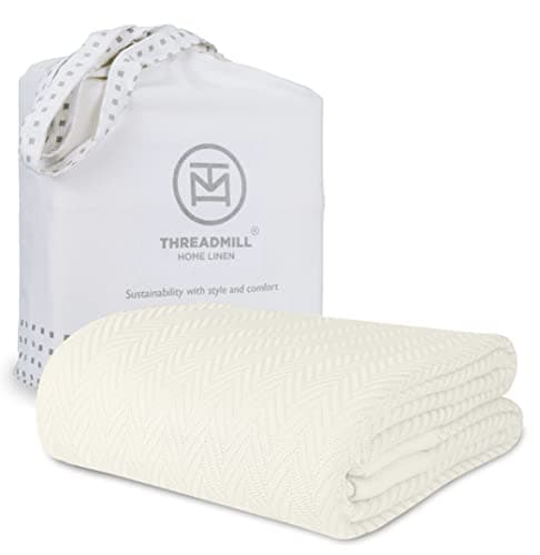 Threadmill Luxury Cotton Blankets for Queen Size Bed AllSeason 100 Cotton Queen Size Blanket Herringbone Cozy Soft Breathable Fall Thermal Blanket fits Full Size Bed Tusk White
