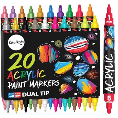 Chalkola 20 Dual Tip Acrylic Paint Markers Acrylic Markers Kit for Rock Painting Canvas Wood Ceramic Glass Fabric Metal Books Permanent Waterproof Fine tip Paint Pens for Kids Adults