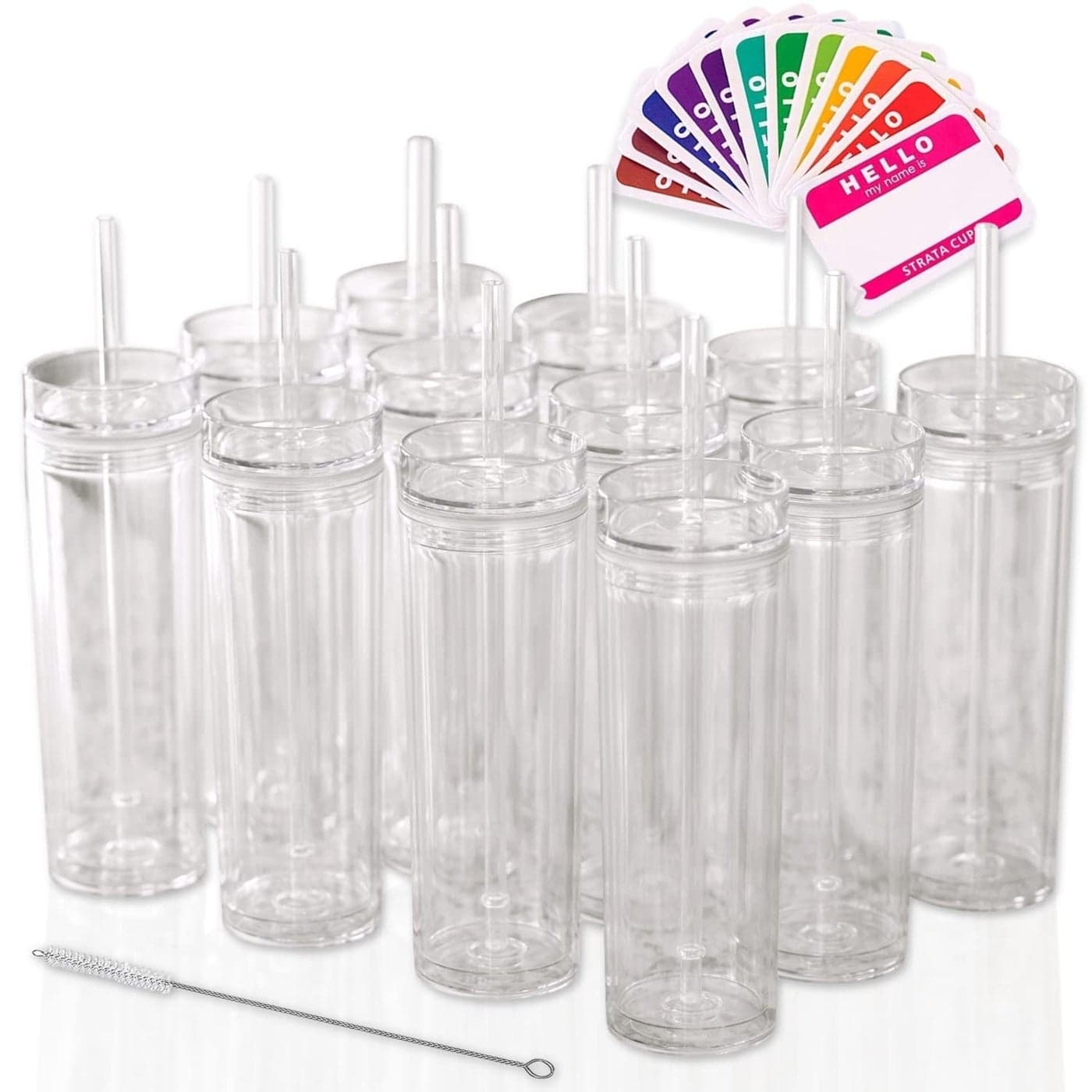STRATA CUPS 12 Clear Skinny Tumblers with Lids and Straws 16oz Reusable Cup DoubleWall Clear Tumbler with Lid and Straw Durable Acrylic Tumblers With FREE Straw Cleaner Name Tags