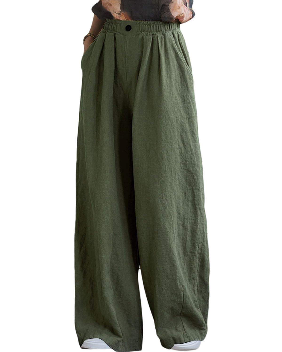 IXIMO Women's Linen Pants Casual Wide Leg Palazzo Pants Elastic Waist Lounge Trousers with Pockets Army Green Medium