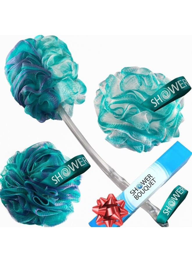 2-Side-Loofah-Back-Scrubber & Bath-Sponges by-Shower-Bouquet: 1-Long-Handle-Back-Brush plus 2-Extra-Large 75g Soft Mesh Pouffes, Men & Women - Exfoliate with Full Pure Cleanse in Bathing Accessories