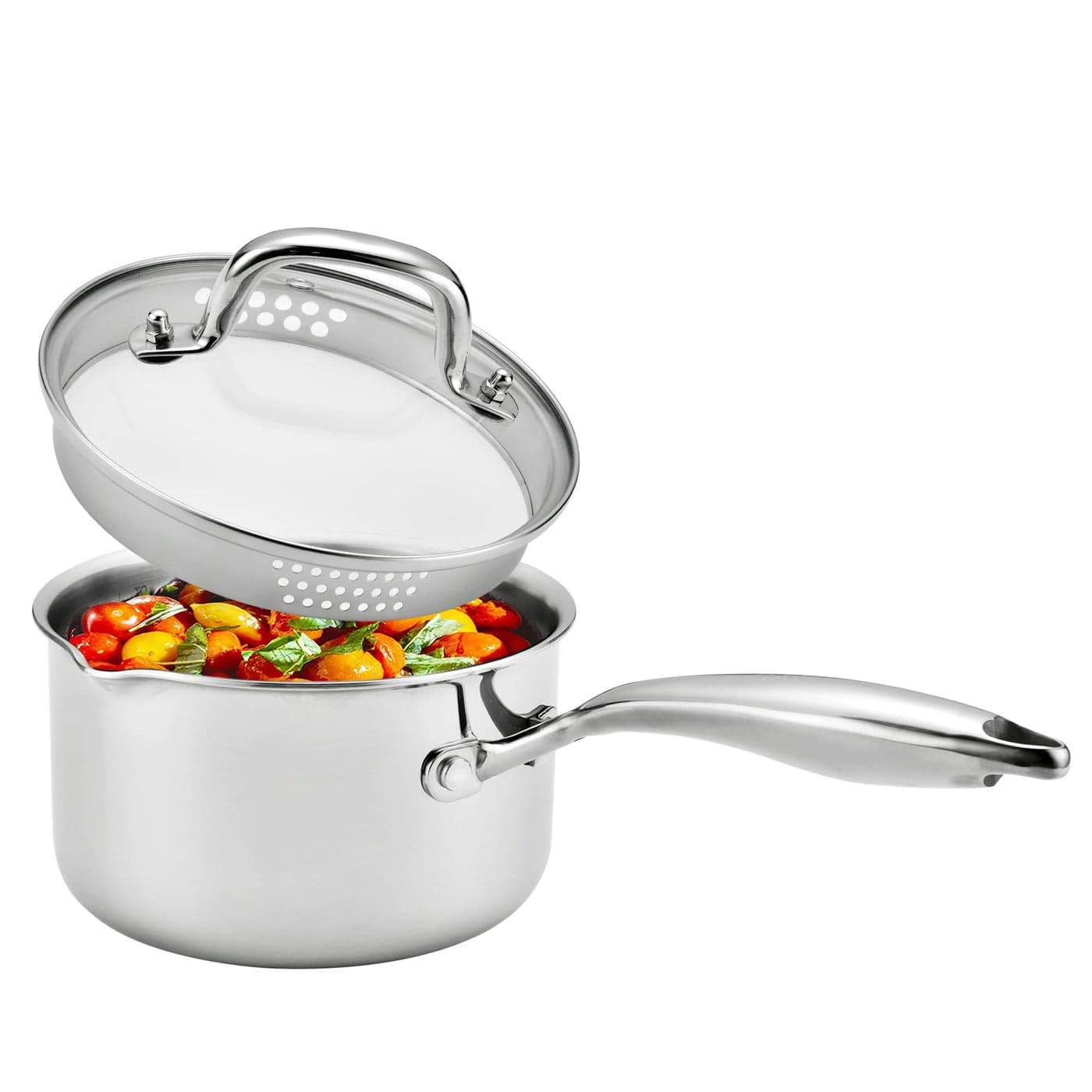 Cyrosa 20 Quart Saucepan with Lid Stainless Steel Sauce Pot with Strainer Lid Two Side Spouts for Easy Pour with Ergonomic Handle Dishwasher Safe