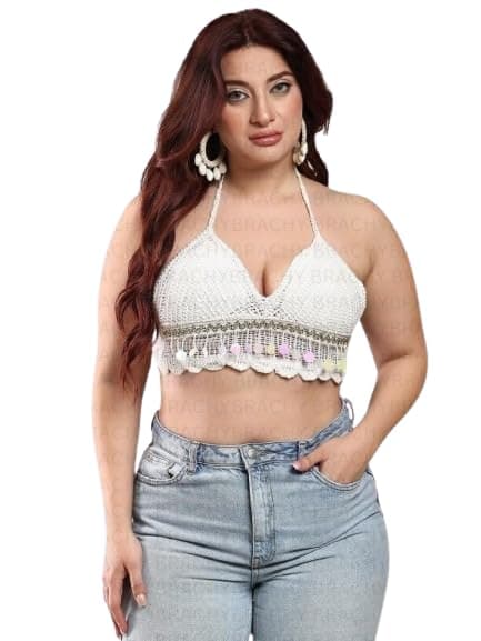 Brachy Women's Summer Beach Backless Crochet Halter Bikini Crop Top Crochet Hollow Out Tassle Embroidery Knit Boho Beachwear