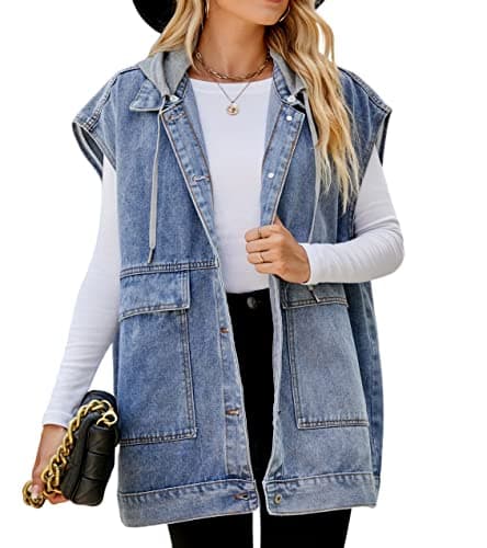 PAODIKUAI Women's Denim Vest Mid Long Jean Vest Sleeveless Jackets Distressed Vest Cotton (A-blue with hood, Medium)