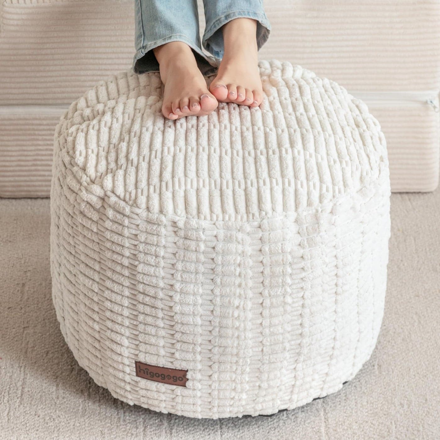 HIGOGOGO Pouf Ottoman Stuffed Round Modern Foam Filled Foot Rest Poufs for Living Room Chair Decorative 20 X 15 Inches Boho Relax Stool for Wedding Christmas Party Beige