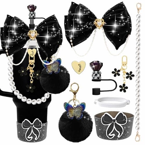 Bling Accessories for Stanley Cup 20/30/40 oz Tumbler, Glitter Bow & Diamond Straw Topper Set with Silicone Boot, Pearl Handle Strap, Keychain Charms, Pink Decor for Women and Girls (Black)