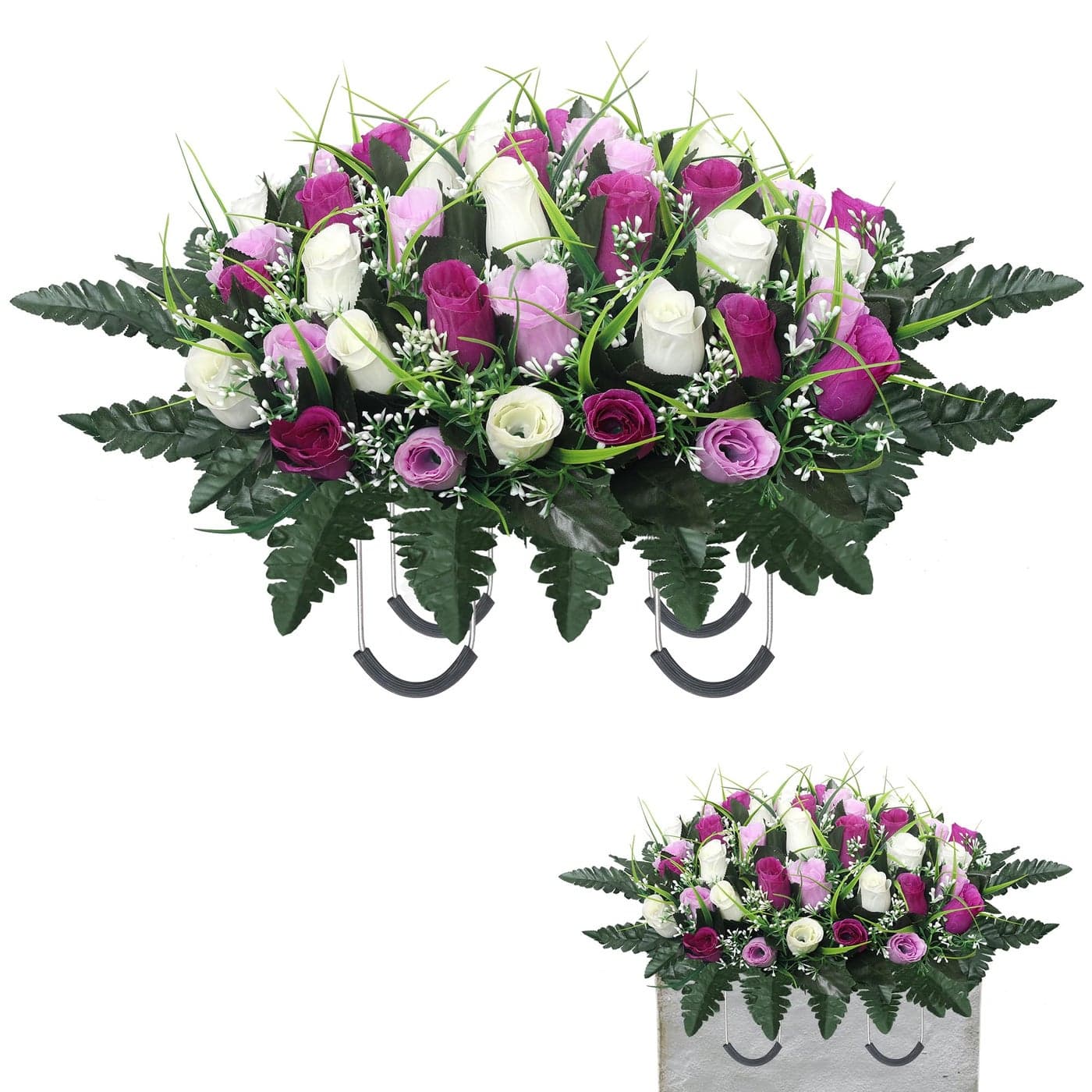 Lodou Cemetery Flowers for GraveHeadstone Flower SaddleFlowers for Cemetery Grave Decoration Headstone Flower Saddle for Headstone Decoratio Purple White