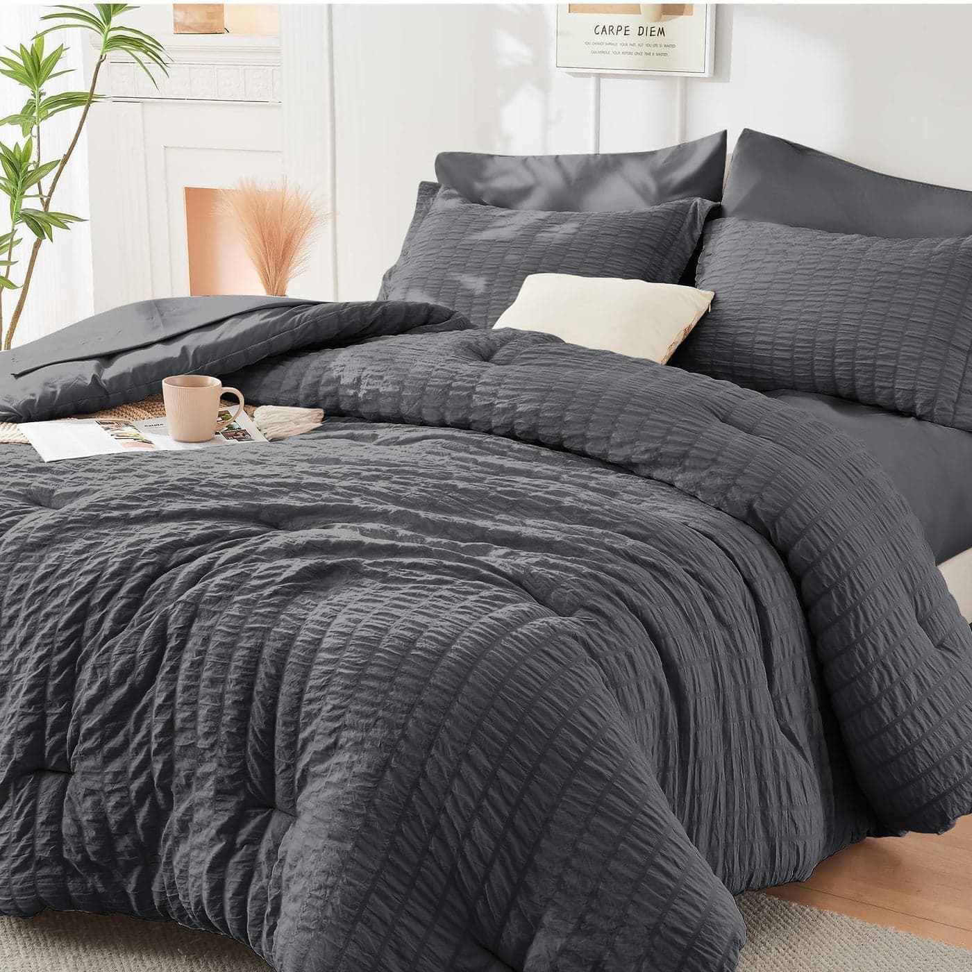 HYMOKEGE Queen Comforter Set Seersucker 7 Pieces All Season Luxury Bed in a Bag for Bedroom Bedding Set with Comforters Sheets Pillowcases Shams Dark Grey