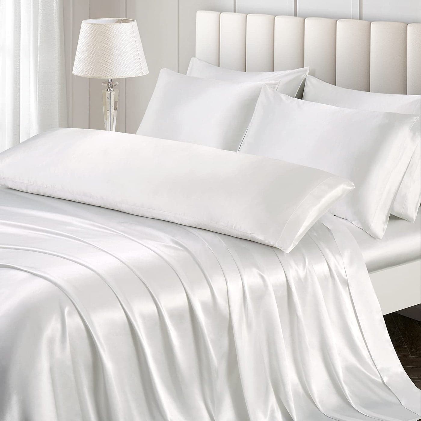 Ersmak 7 Pieces Satin Sheets Set Queen Size Luxury Silky Ivory White Satin Bed Sheets Set with 1 Deep Pocket Fitted Sheet 1 Soft Flat Sheet 4 Queen Pillowcases and 1 Body Pillowcase