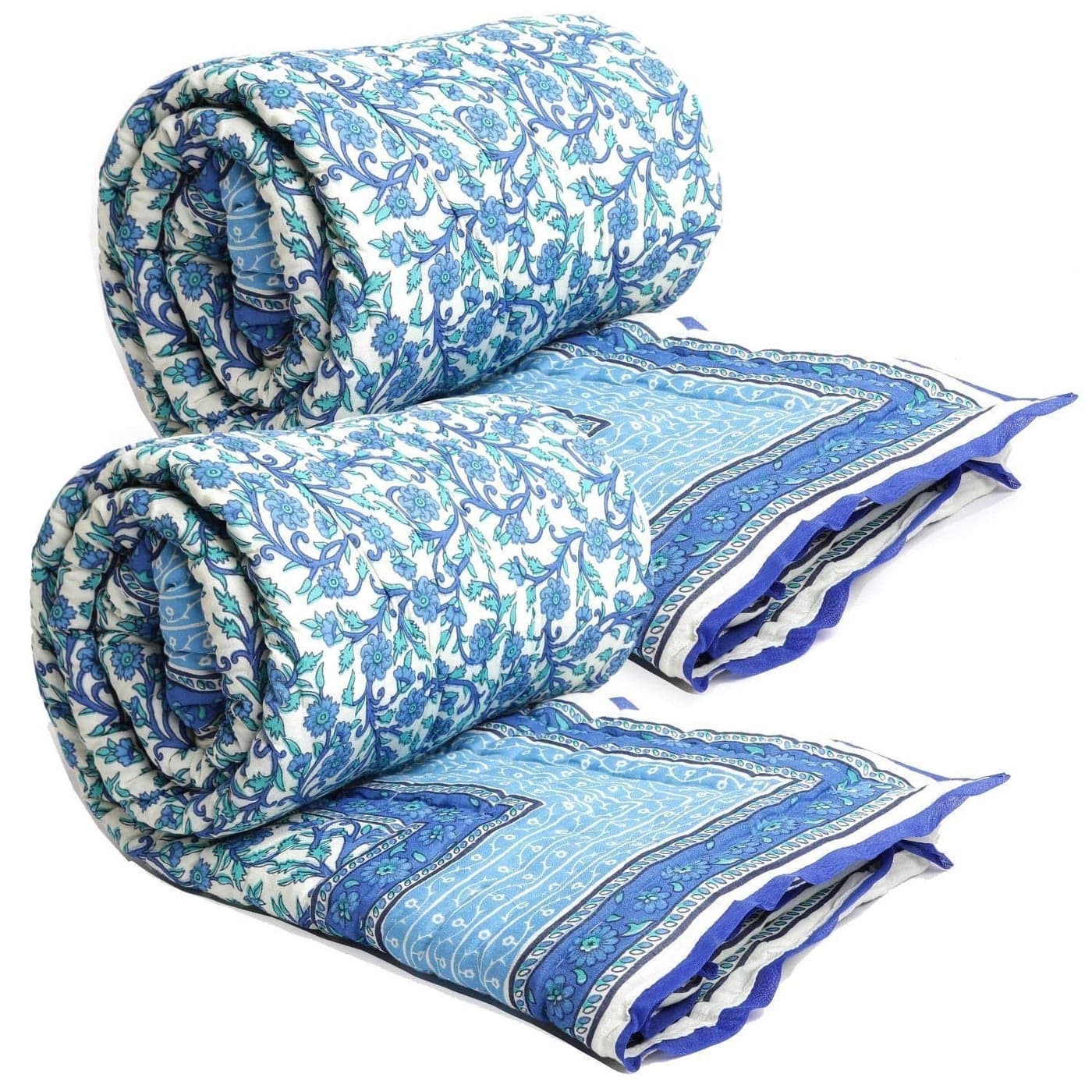 SVT Traditional Famous Jaipuri Beautiful Floral Print in White Blue Jaipuri RajaiRazaiQuilt SingleSingle Bed QuiltComforterAC QuiltAC ComforterSet of 2