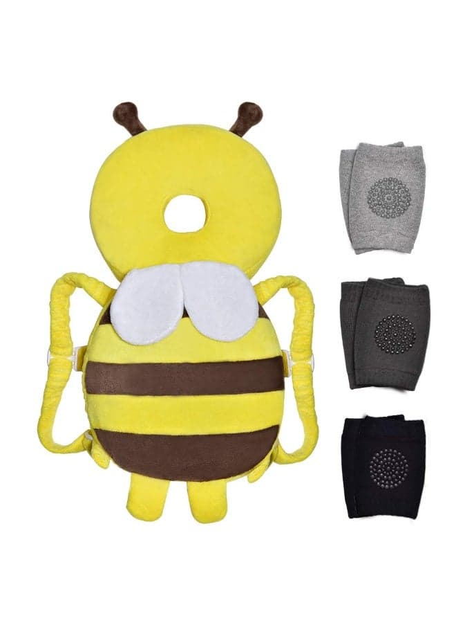 Okydoky Baby Head Protector & Knee Pads for Crawling, Adjustable Toddlers Head Safety Pad Backpack, Baby Back Protection for Crawling & Walking, Yellow Bee
