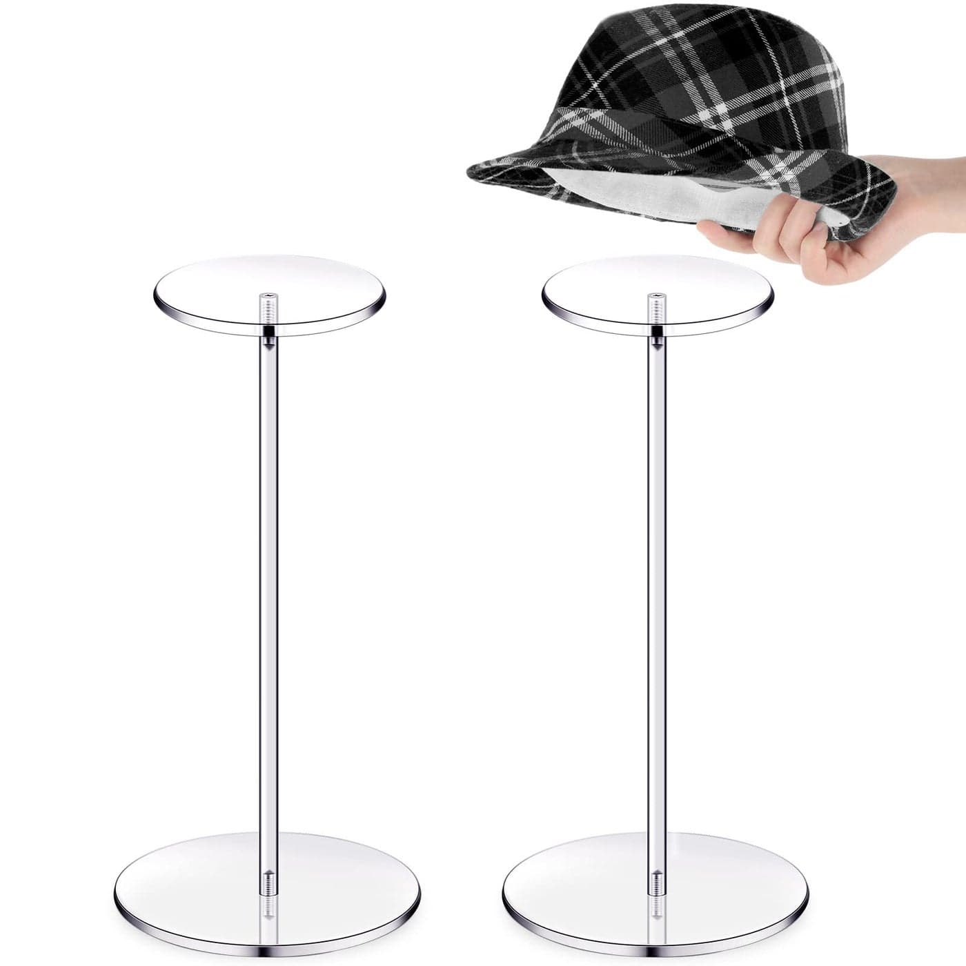 Yookeer 2 Set Clear Acrylic Hat Stands and Wig Display Rack Stands for Multiple Hats Display Tabletop Baseball Caps Watch Tabletop12 Inch in HeightRound Bottom
