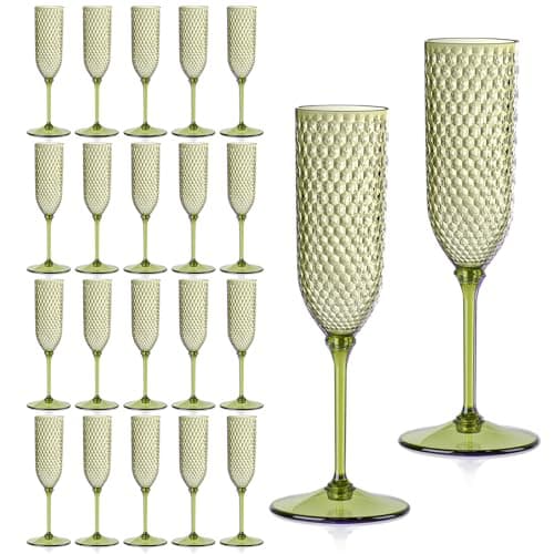 24 Pack Green Detachable 2 piece Champagne Flutes 5.5 Oz Unbreakable Plastic Mimosa Disposable Champagne Glasses Drinking Cups Stemmed Reusable Wine Toasting Glasses for Wedding (24, Olive Green)