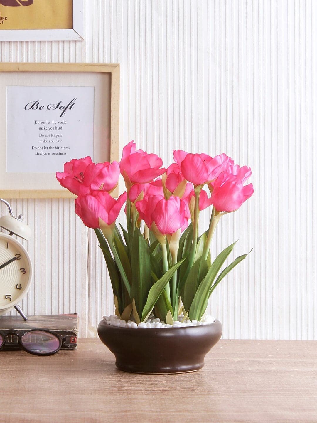 Fourwalls Artificial Tulip Flower Bonsai Plant in a Ceramic Vase for Home and Office Decor 26 cm Tall DarkPink