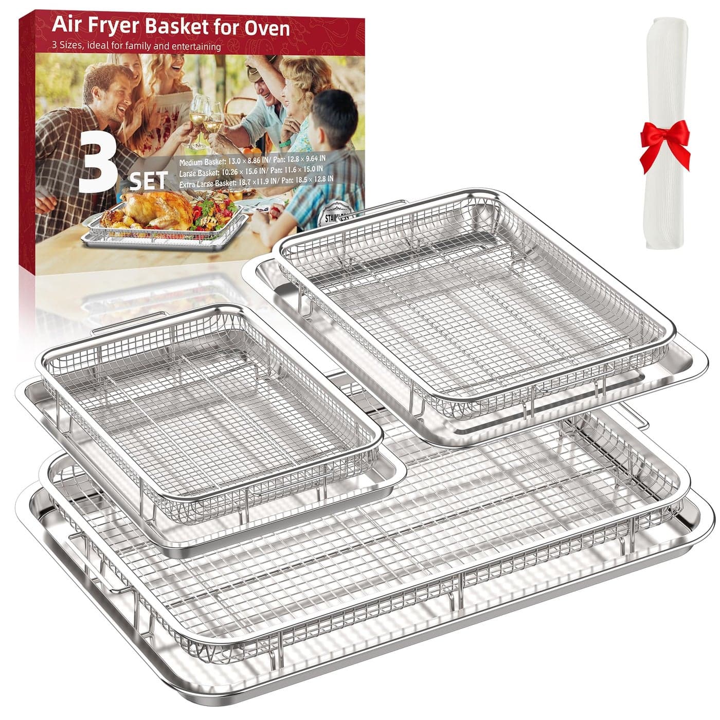 Air Fryer Basket for Oven 3 Set Stainless Steel Oven Air Fryer Basket and Tray with 90 PCS Parchment Papers OPENICE Air Fryer Pans and Crisper Tray 187 x 128 156 116 128 96