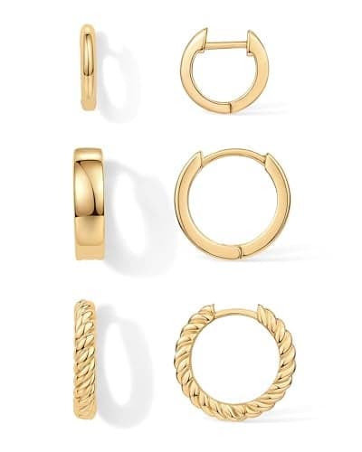 PAVOI 18K Yellow Gold Plated 925 Sterling Silver Posts 4 Pairs Small Hoop Earrings for Women - Four Gold Earring Set Plain Rope Wide Huggie Hoop Earscape Pack