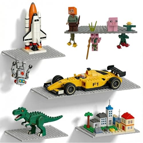 TERDEWE 6 Pack Floating Shelves for Wall Compatible with Lego Building Bricks,16x13 Studs for Display and Protect Completed Legos Projects, Dual-Sided Display Shelves for Room Decor Grey