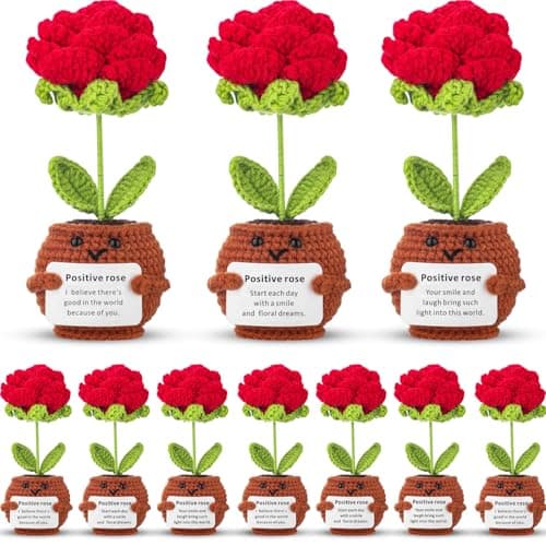 Suncalla 10 Pcs Positive Crochet Rose Flowers for Mother Day and Teacher Week Gifts, Handmade Knitted Flowers with Inspirational Quotes for Employee Coworker Appreciation and Desk Decor