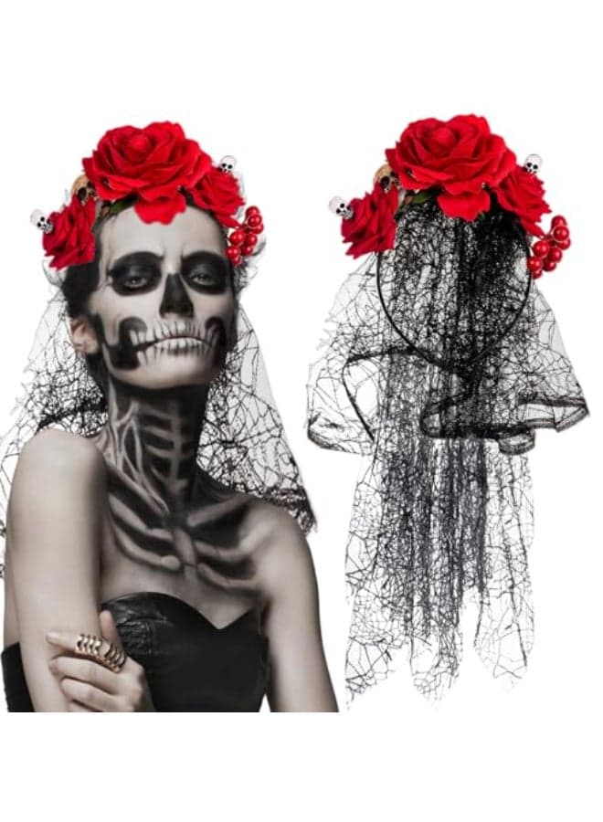 Ncozwo Red Rose Skull Veil Headband for Women Rose Flower Crown Day of The Dead Floral Hair Hoop Gothic Head Piece Costume Cosplay Headpiece Hair Accessories for Halloween Wedding Photo Prop