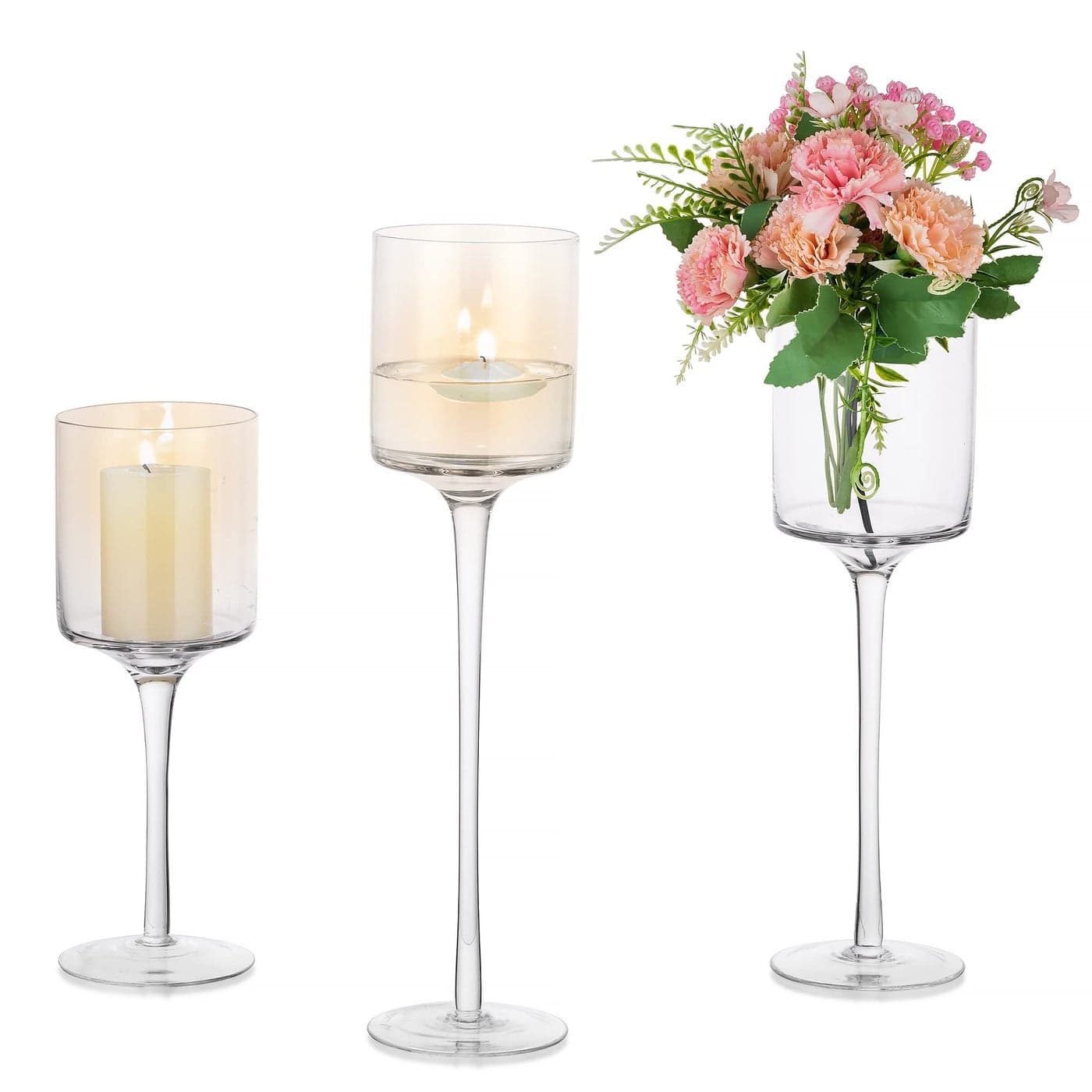 Inweder Tall Glass Stanchion Set of 3 Clear Tea Lights for Table Centerpiece Elegant Stem Candle Holders for Pillar Candles Floating Holders for Wedding Event Home