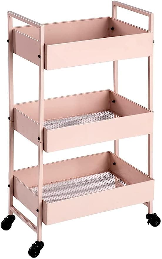 Indian Decor 46949 Space Saving 3Tier Rolling Metal Storage Organizer Mobile Utility Cart Kitchen Cart with Caster Wheels Pink