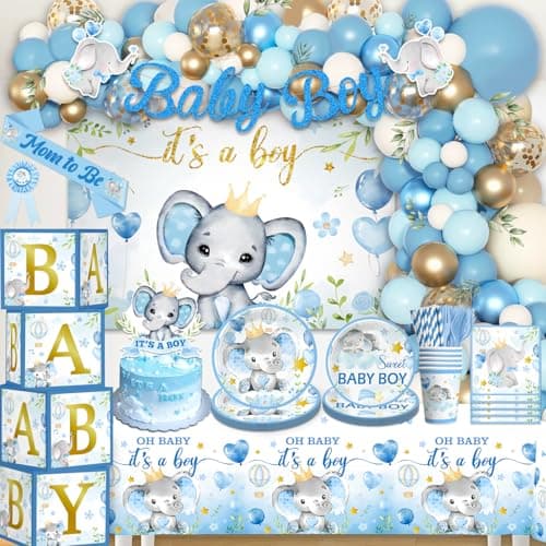 cocomigo 260PCS Elephant Baby Shower Decorations, All-in-1 Party Pack, Includes 20 Elephant Theme Tableware, Backdrop Tablecloth Balloon Kit for Baby Shower Decorations Boy