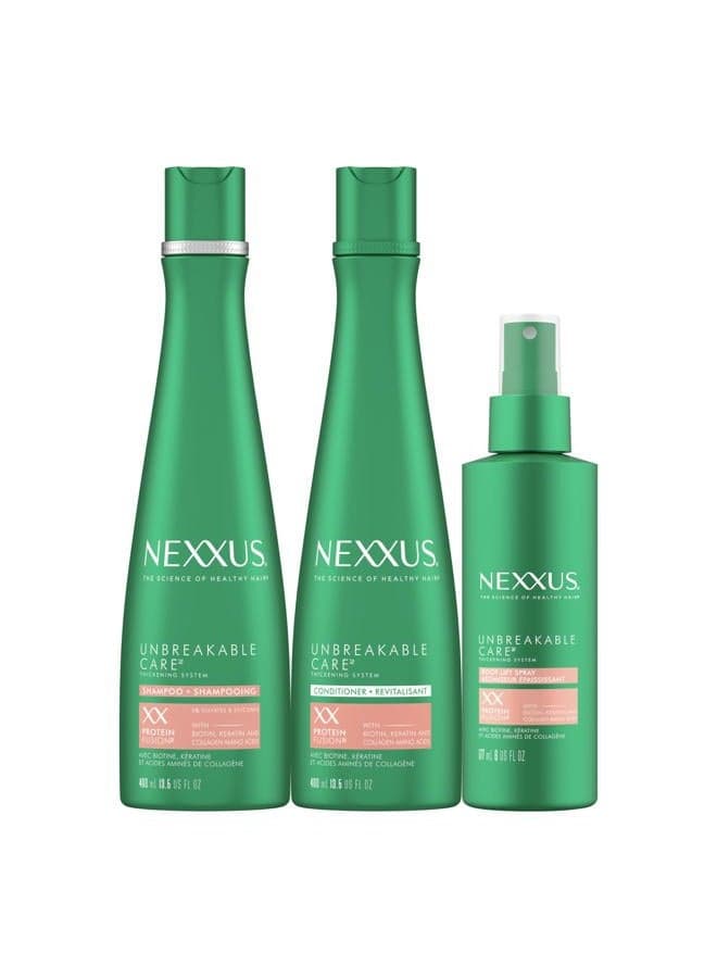 Unbreakable Care Shampoo, Conditioner, and Leave-In Spray 3 Pack For Fine and Thin Hair with Keratin, Collagen, Biotin