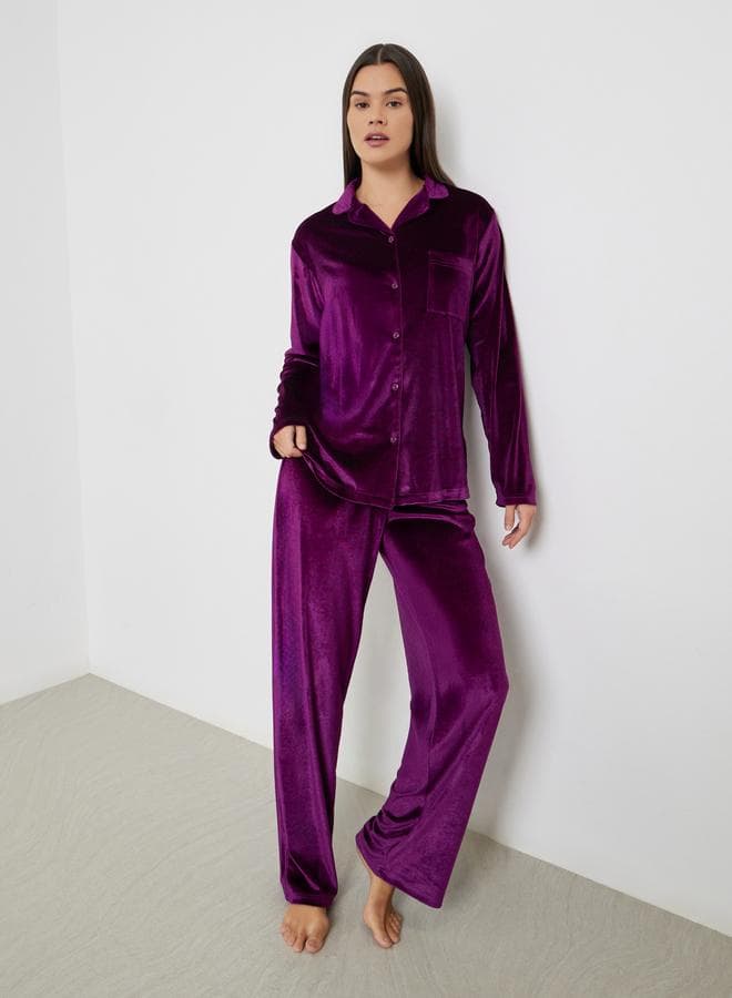 Velvet Button Placket Shirt and Pyjama Set