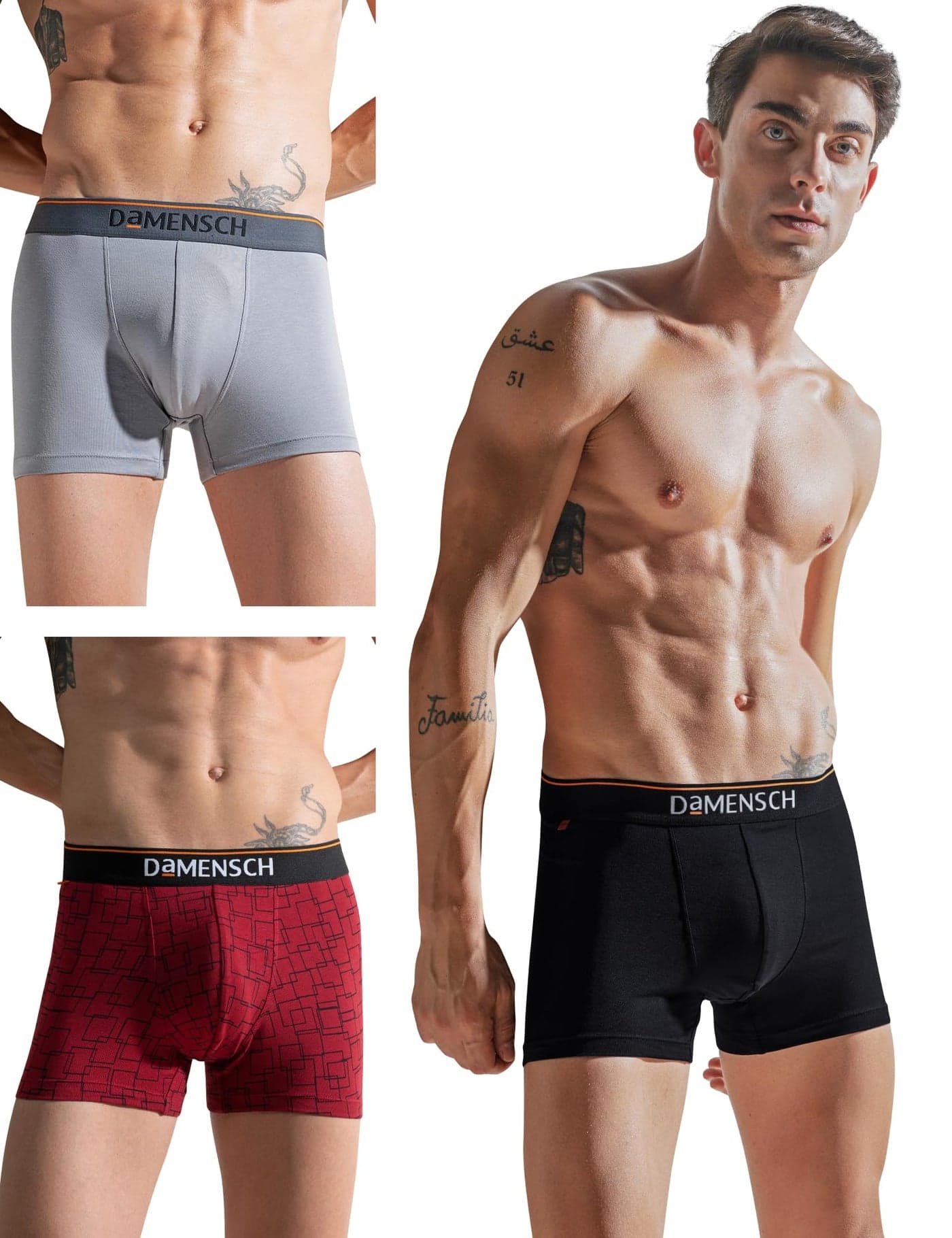DAMENSCH Men's Deo-Cotton Deodorizing Trunk- Pack of 3- Snapping Red, Dessert Grey, Sweet Black- Small