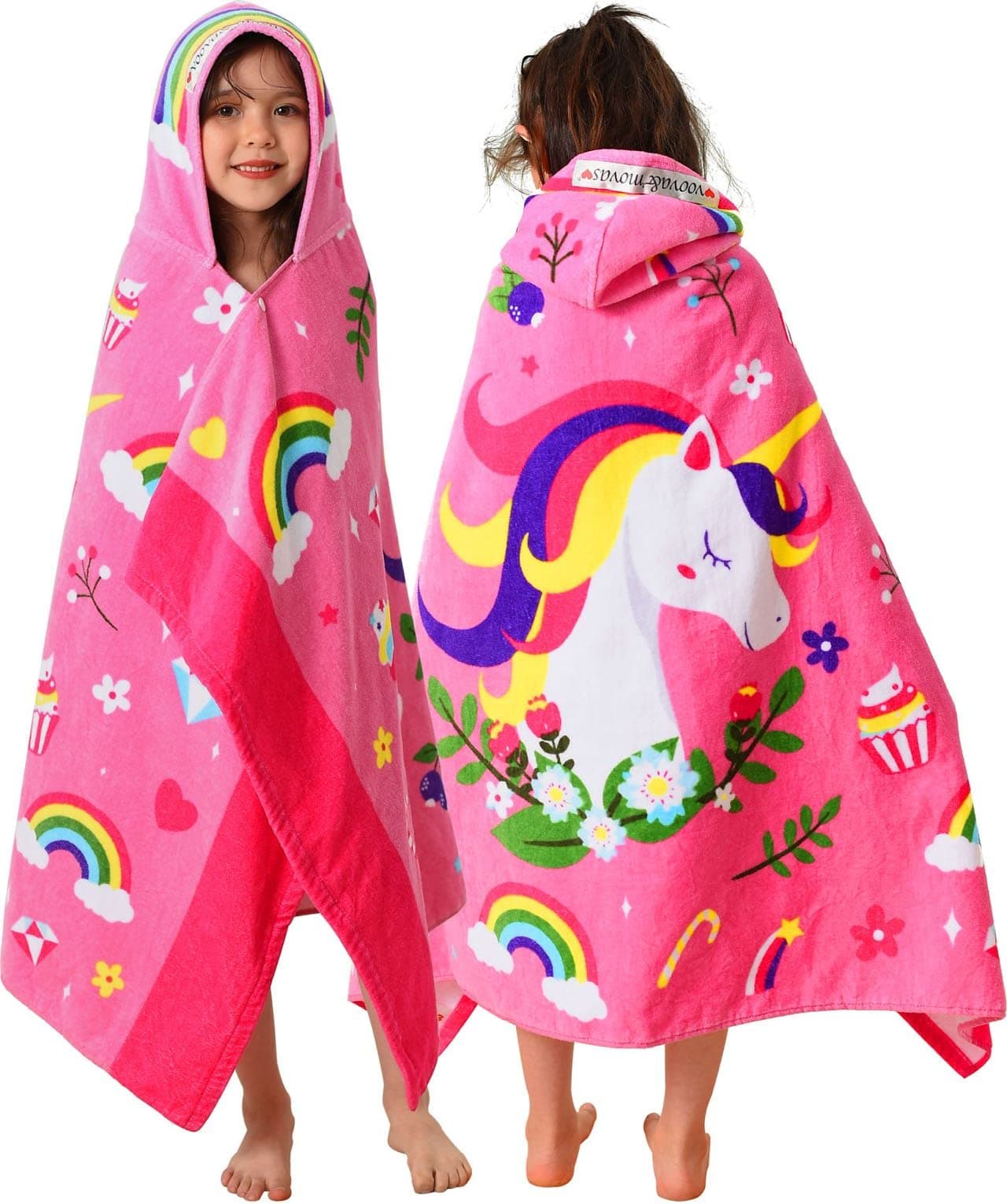 VOOVA MOVAS Hooded Towels for Kids 310 Years 30X50 Soft Thick Cotton Absorbent Beach Bath Pool Swim Towels Cover up for Girls Pink Floral Unicorn