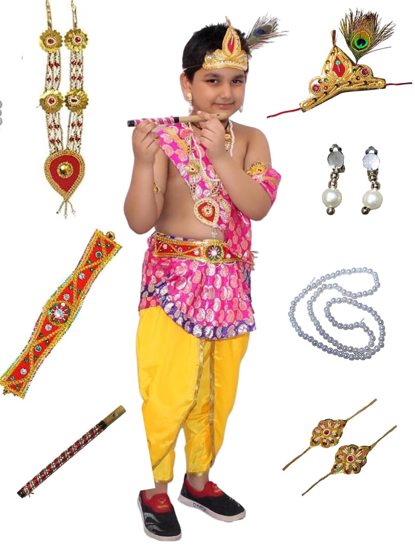 Kaku Fancy Dresses Polyester Krishna Costume For Boy/Janmashtami/Bal Gopal Dress/Kanha Costume/Bal Krishna/Mythological Costume For Boy - Yellow-Pink, 3-4 Years