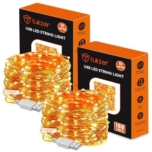 Tukzer 10 Meter Copper LED Fairy String Lights with USB, High Brightness, Low Power Consumption, Indoor Outdoor Decoration, Christmas Decor, LED Strip Light for Party Light, Warm White (Pack of 2)